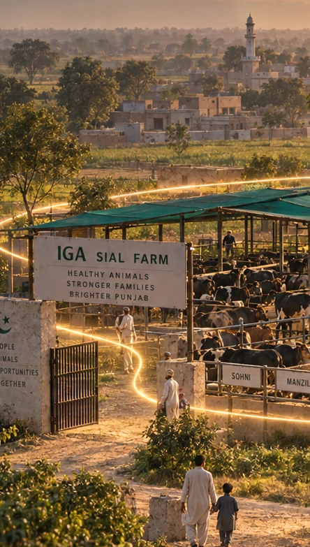 The gate of IGA Sial Farm at golden hour, a family walking in