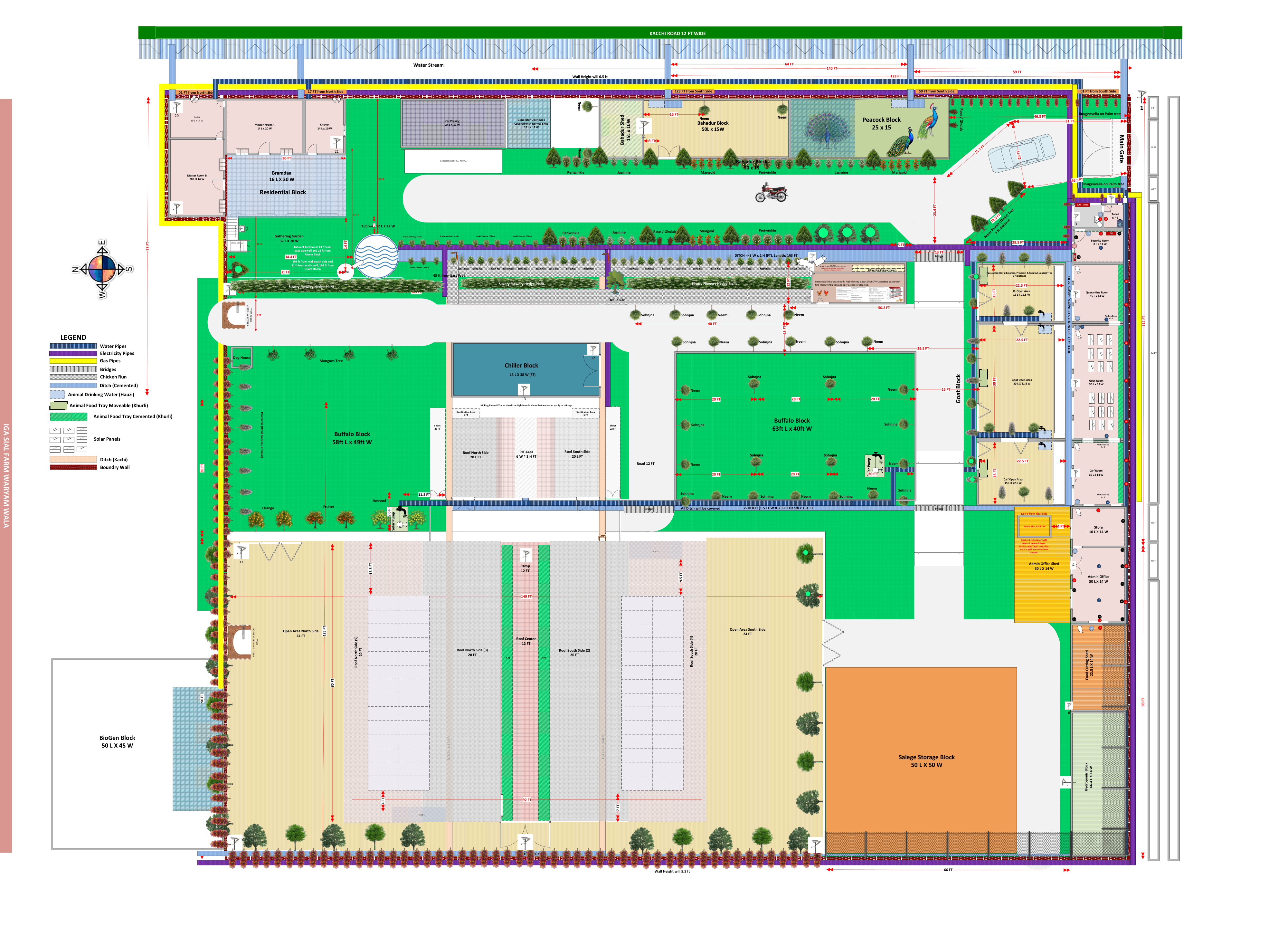 IGA Sial Farm site master plan — Waryam Wala, Punjab — showing the residential, buffalo, goat, chiller, biogas and storage blocks
